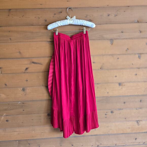 Maje Sateen Skirt Jonette Red Pleated Midi Small Ruffle Tulip Hem Feminine Flowy - Picture 5 of 6